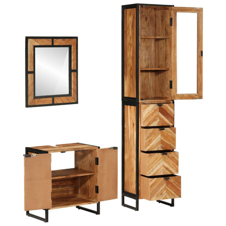 Set Mobili da Bagno 3 pz in Ferro e Legno Massello di Acacia