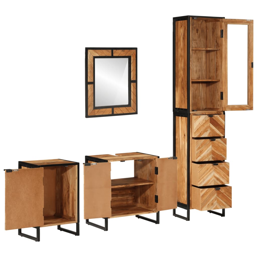 Set Mobili da Bagno 4 pz in Ferro e Legno Massello di Acacia