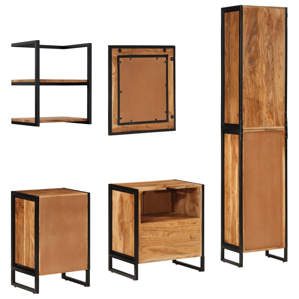 Set Mobili da Bagno 5 pz in Ferro e Legno Massello di Acacia