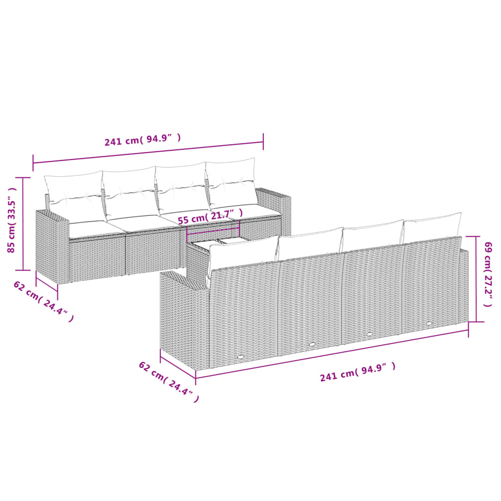 Set Divani da Giardino 9 pz con Cuscini Nero in Polyrattan