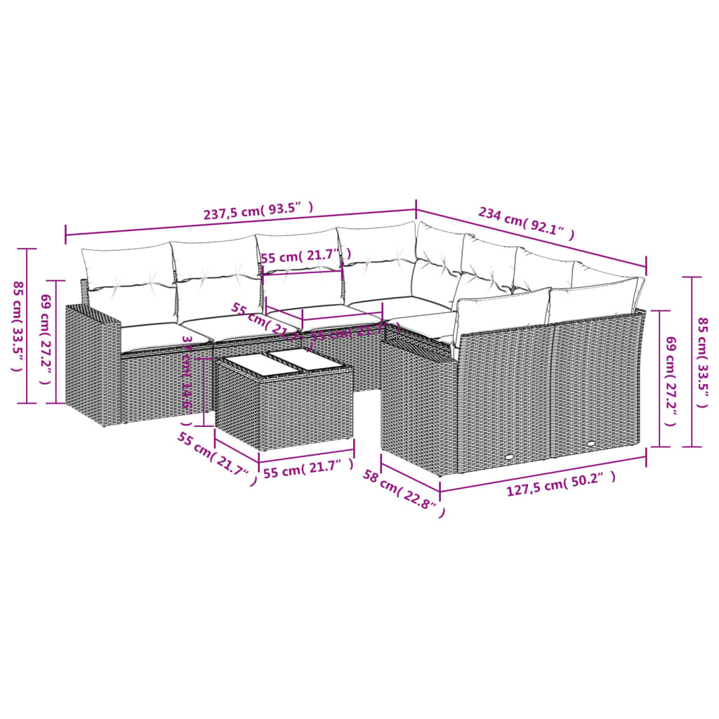 Set Divani da Giardino 9 pz con Cuscini Nero in Polyrattan