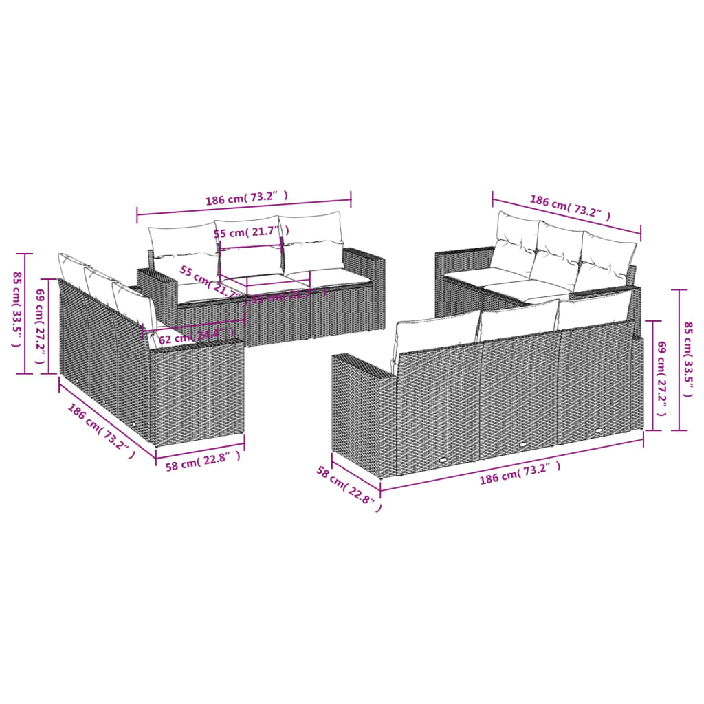 Set Divani da Giardino 12 pz con Cuscini Nero in Polyrattan