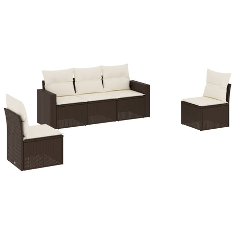 Set Divano da Giardino 5 pz con Cuscini Marrone in Polyrattan