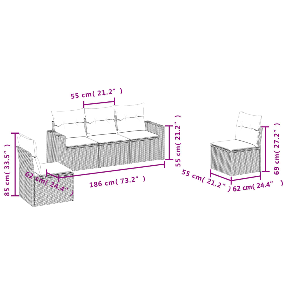 Set Divano da Giardino 5 pz con Cuscini Marrone in Polyrattan