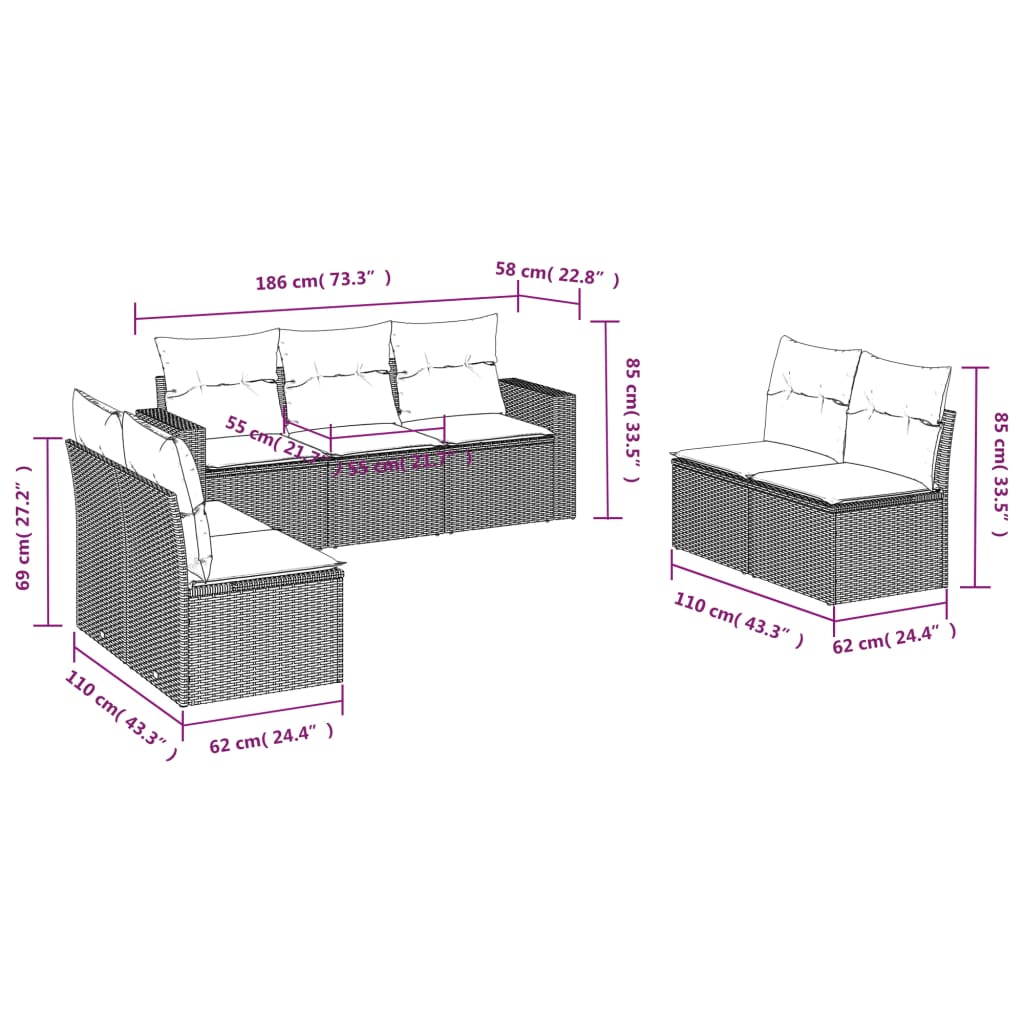 Set Divani da Giardino 7 pz con Cuscini Marrone in Polyrattan