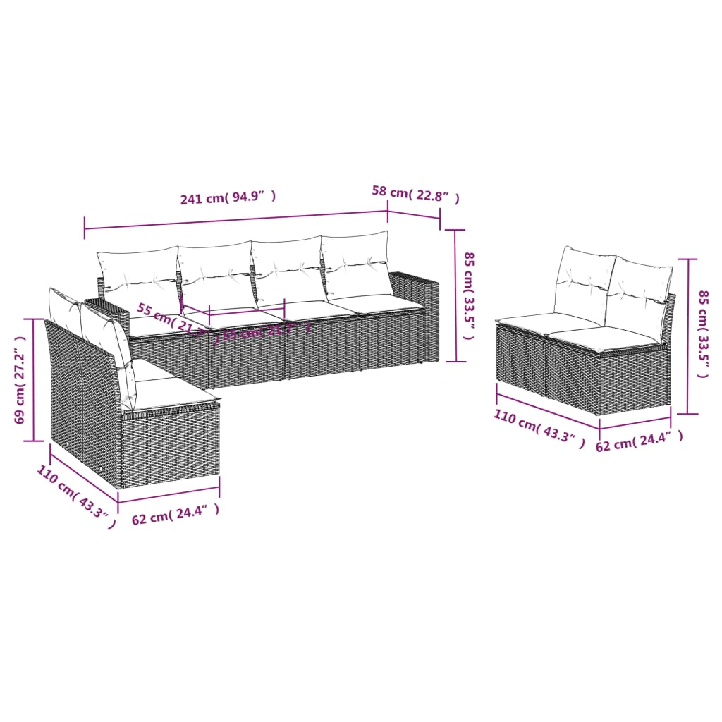 Set Divani da Giardino 8 pz con Cuscini Marrone in Polyrattan