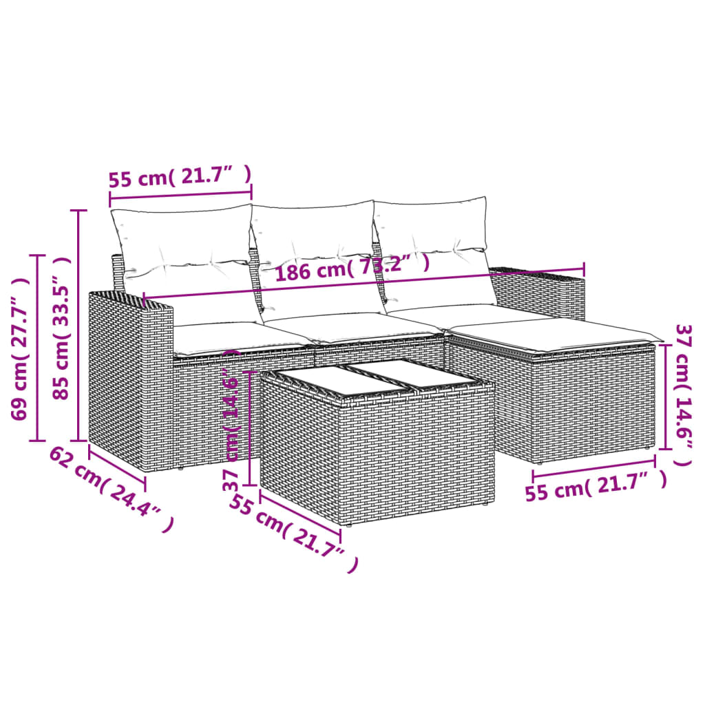 Set Divani da Giardino 5 pz con Cuscini in Polyrattan Nero