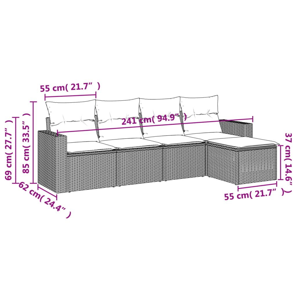 Set Divano da Giardino 5 pz con Cuscini Marrone in Polyrattan