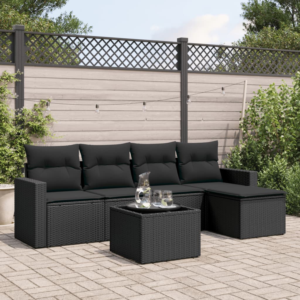 Set Divano da Giardino 6 pz con Cuscini Nero in Polyrattan