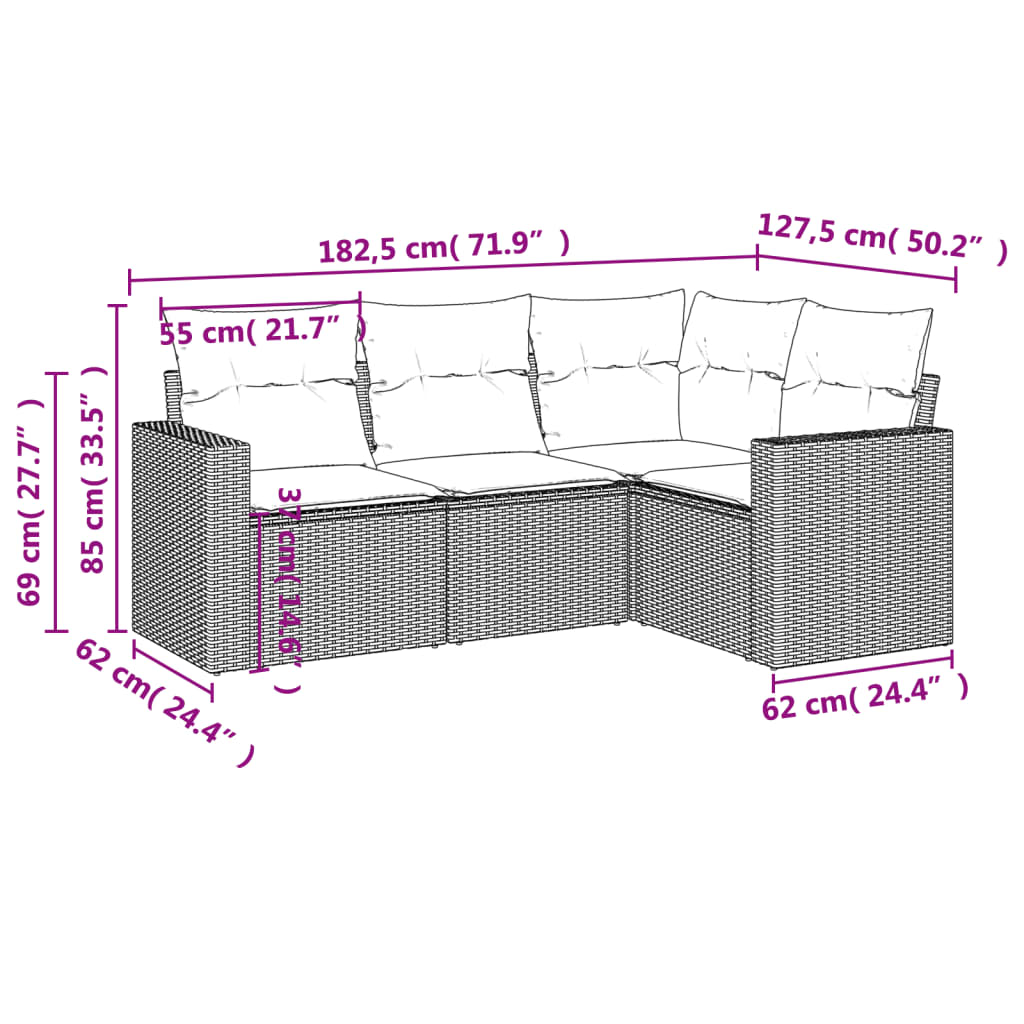 Set Divani da Giardino 4 pz con Cuscini Nero in Polyrattan