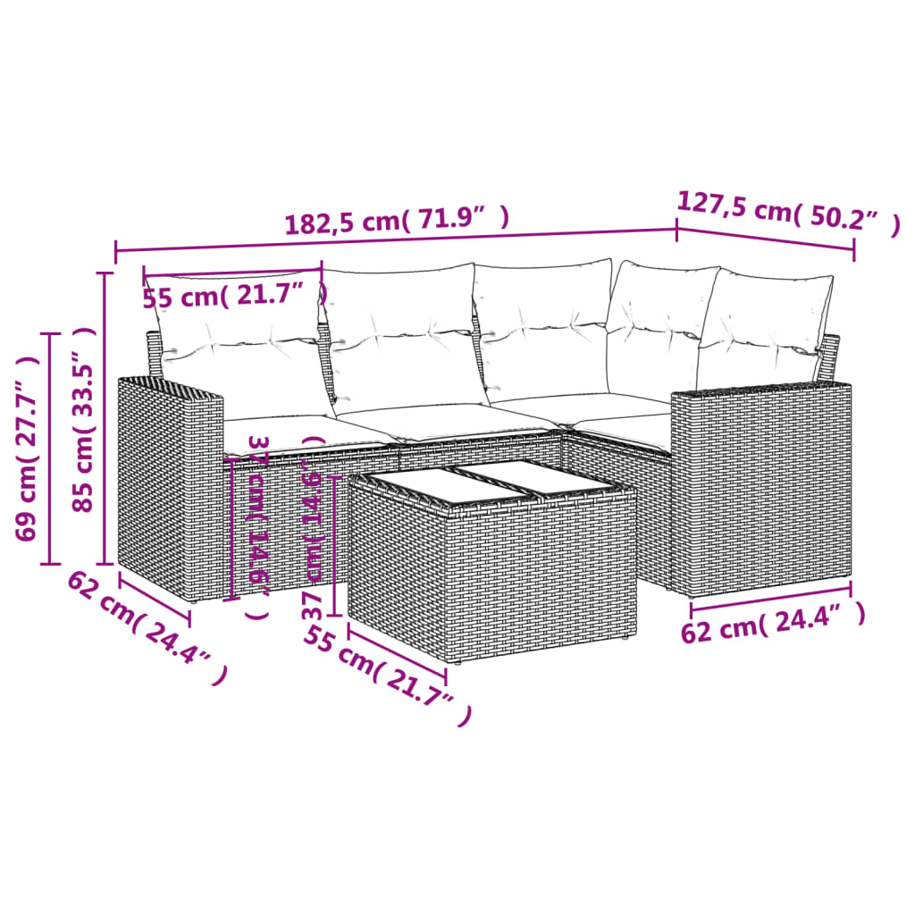 Set Divani da Giardino 5 pz con Cuscini in Polyrattan Nero