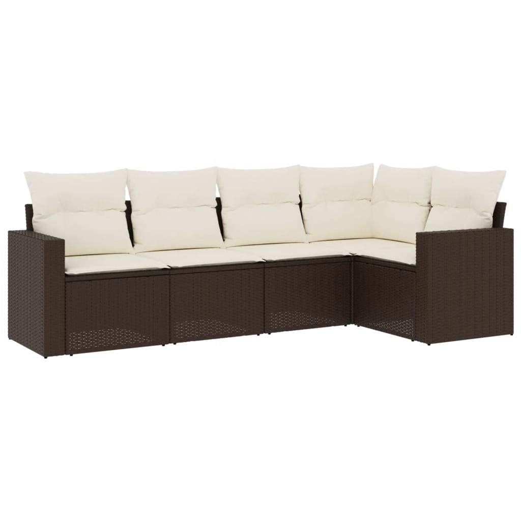 Set Divano da Giardino 5 pz con Cuscini Marrone in Polyrattan