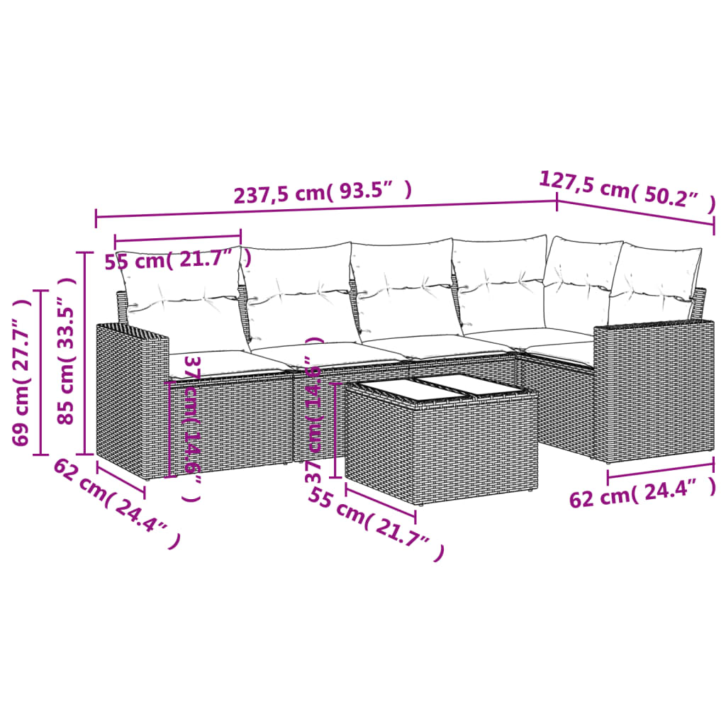 Set Divano da Giardino 6 pz con Cuscini Nero in Polyrattan