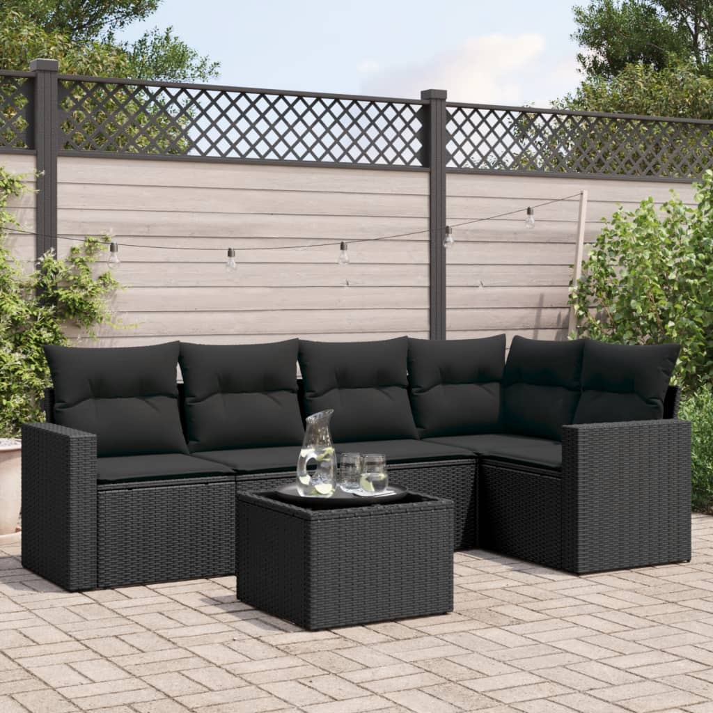 Set Divano da Giardino 6 pz con Cuscini Nero in Polyrattan