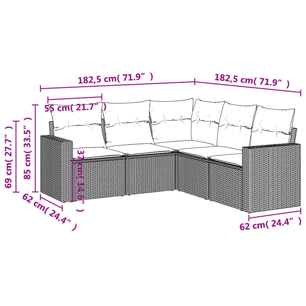 Set Divani da Giardino 5 pz con Cuscini in Polyrattan Nero