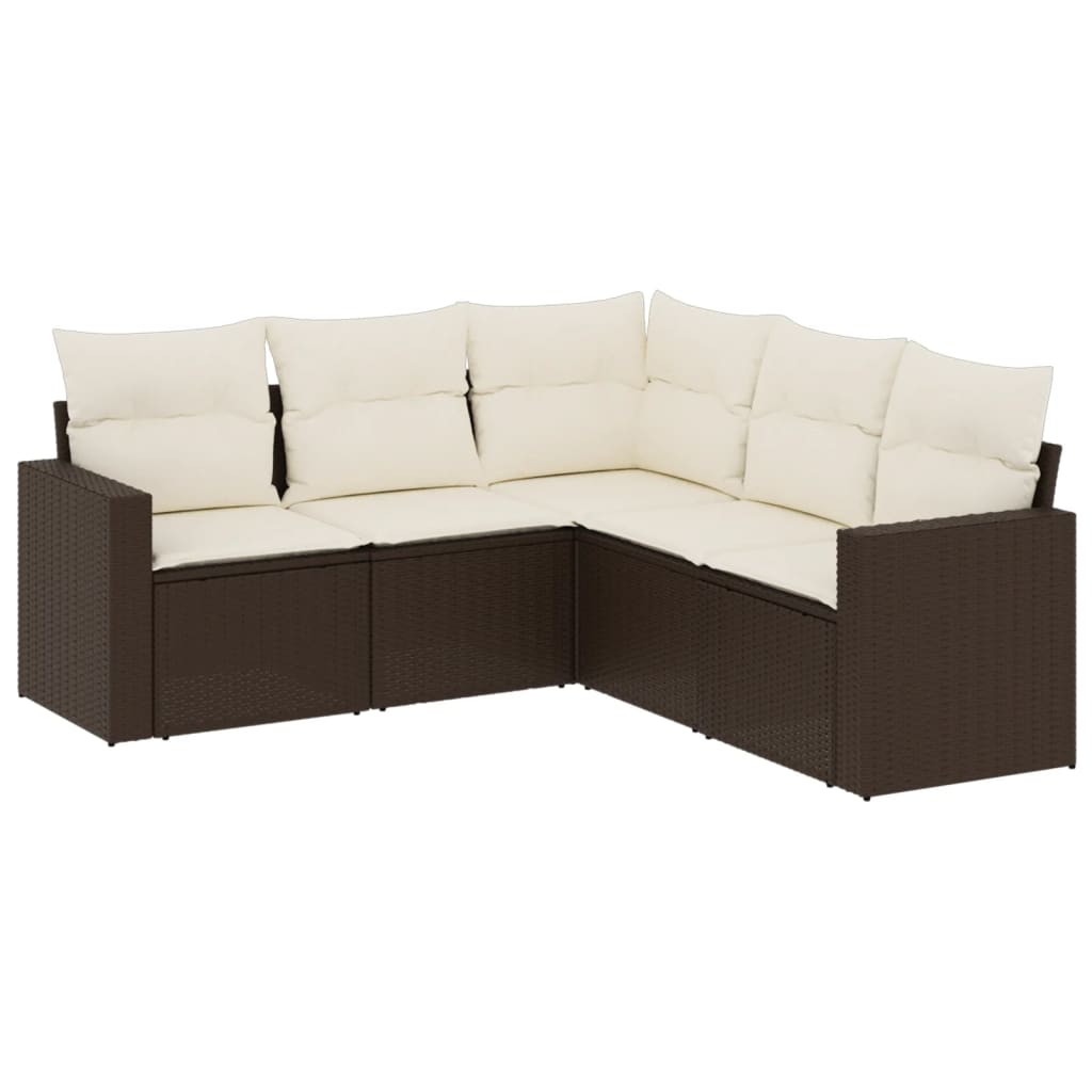 Set Divano da Giardino 5 pz con Cuscini Marrone in Polyrattan