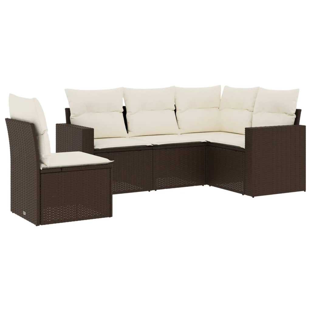 Set Divano da Giardino 5 pz con Cuscini Marrone in Polyrattan