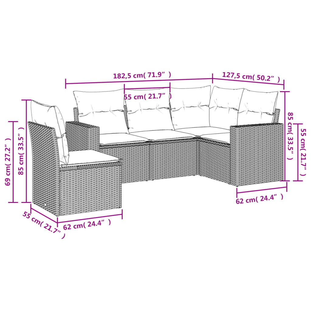 Set Divano da Giardino 5 pz con Cuscini Marrone in Polyrattan