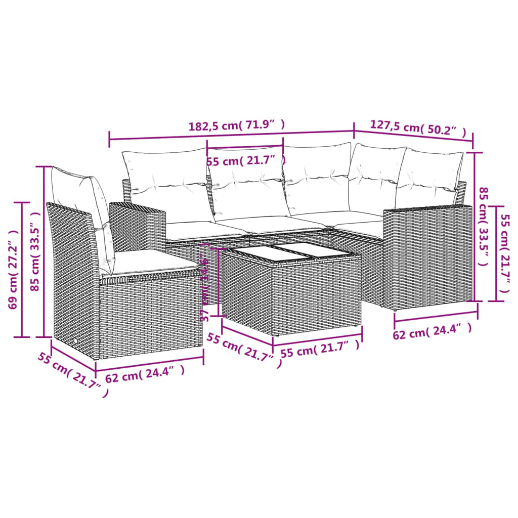 Set Divano da Giardino 6 pz con Cuscini Nero in Polyrattan