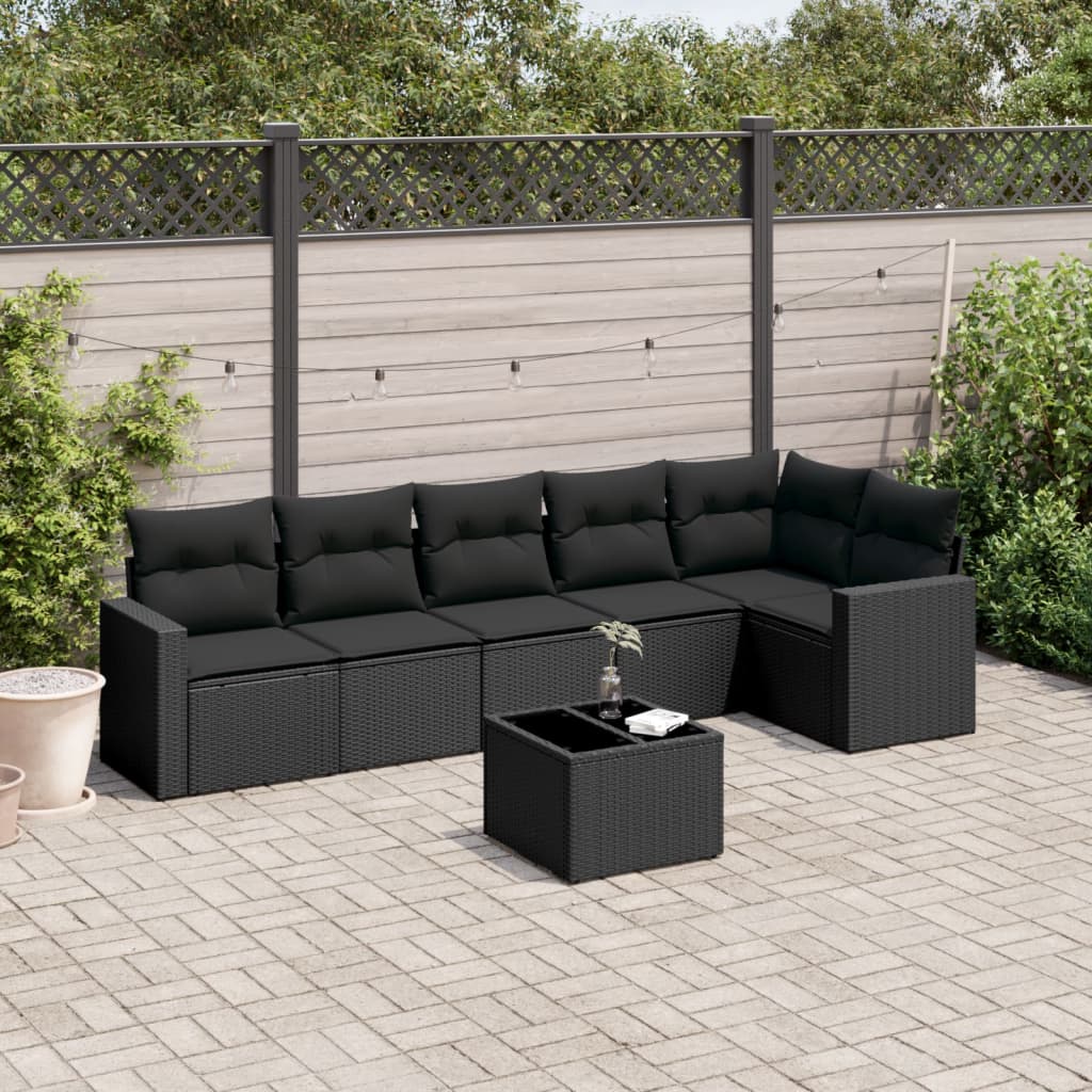 Set Divani da Giardino con Cuscini 7pz Nero Polyrattan