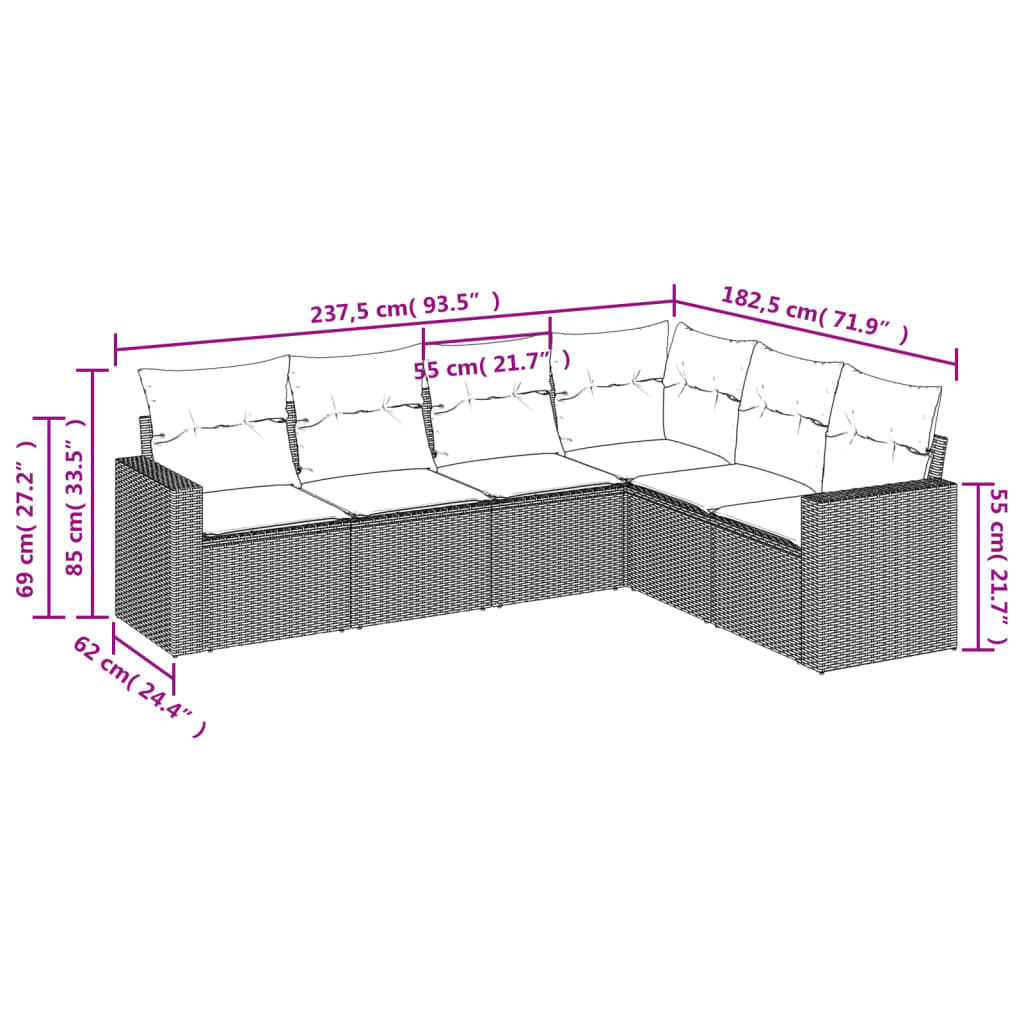 Set Divano da Giardino 6 pz con Cuscini Marrone in Polyrattan