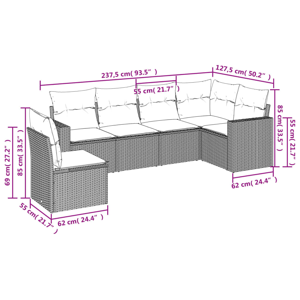 Set Divano da Giardino 6 pz con Cuscini Nero in Polyrattan