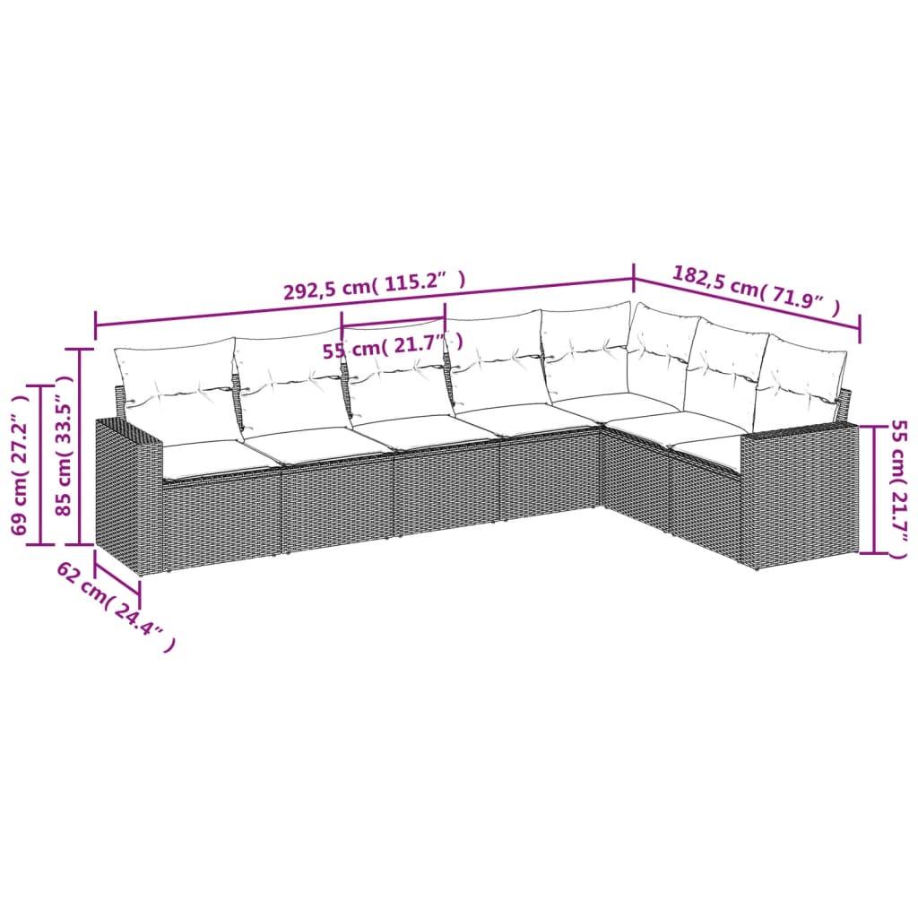 Set Divani da Giardino 7 pz con Cuscini Marrone in Polyrattan