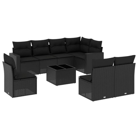 Set Divani da Giardino 9 pz con Cuscini Nero in Polyrattan