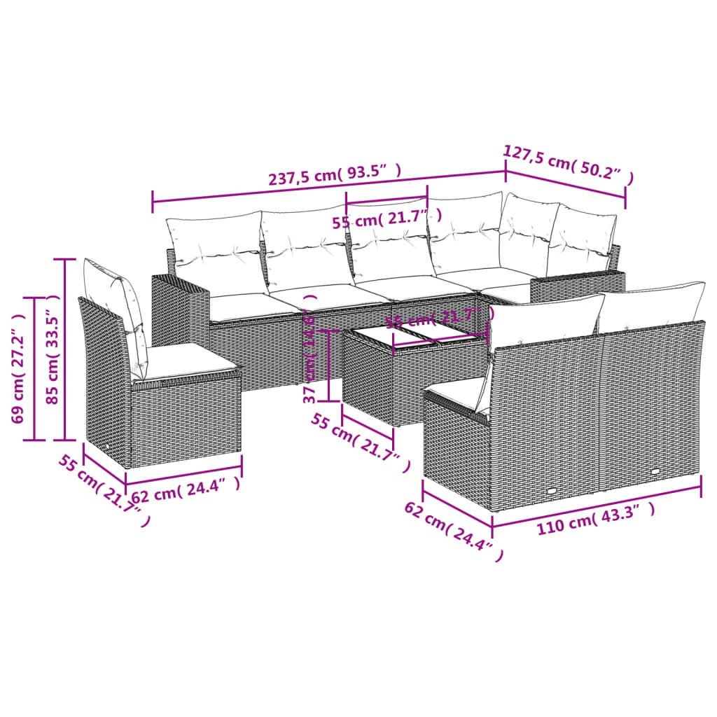 Set Divani da Giardino 9 pz con Cuscini Nero in Polyrattan