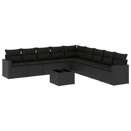 Set Divani da Giardino 10pz con Cuscini in Polyrattan Nero