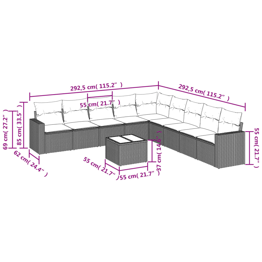 Set Divani da Giardino 10pz con Cuscini in Polyrattan Nero