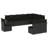 Set Divani da Giardino 10pz con Cuscini in Polyrattan Nero