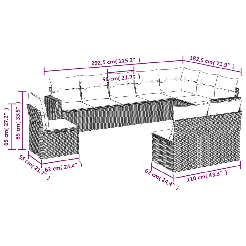 Set Divani da Giardino 10pz con Cuscini in Polyrattan Nero