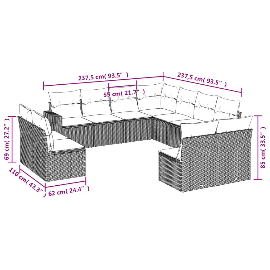 Set Divani da Giardino 11 pz con Cuscini in Polyrattan Nero