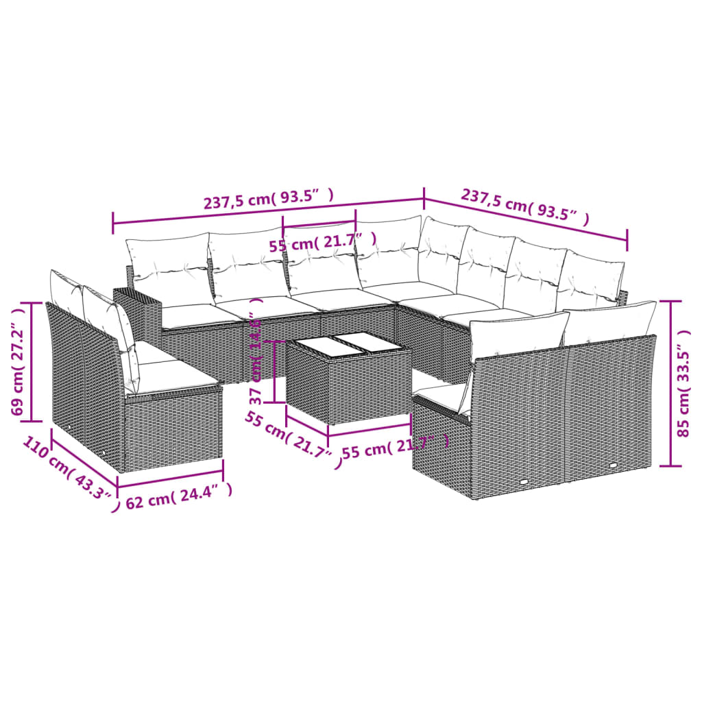 Set Divani da Giardino 12 pz con Cuscini Nero in Polyrattan