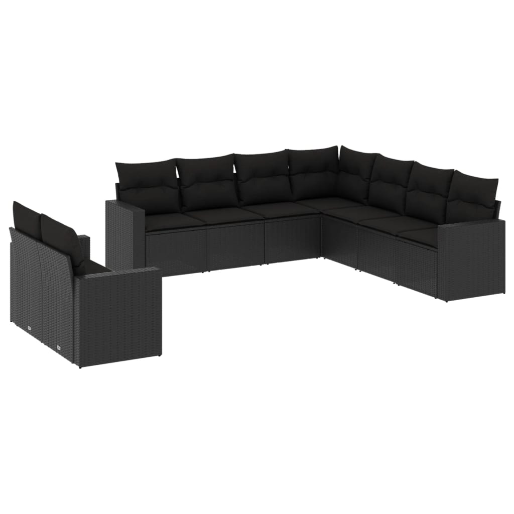 Set Divani da Giardino 9 pz con Cuscini Nero in Polyrattan