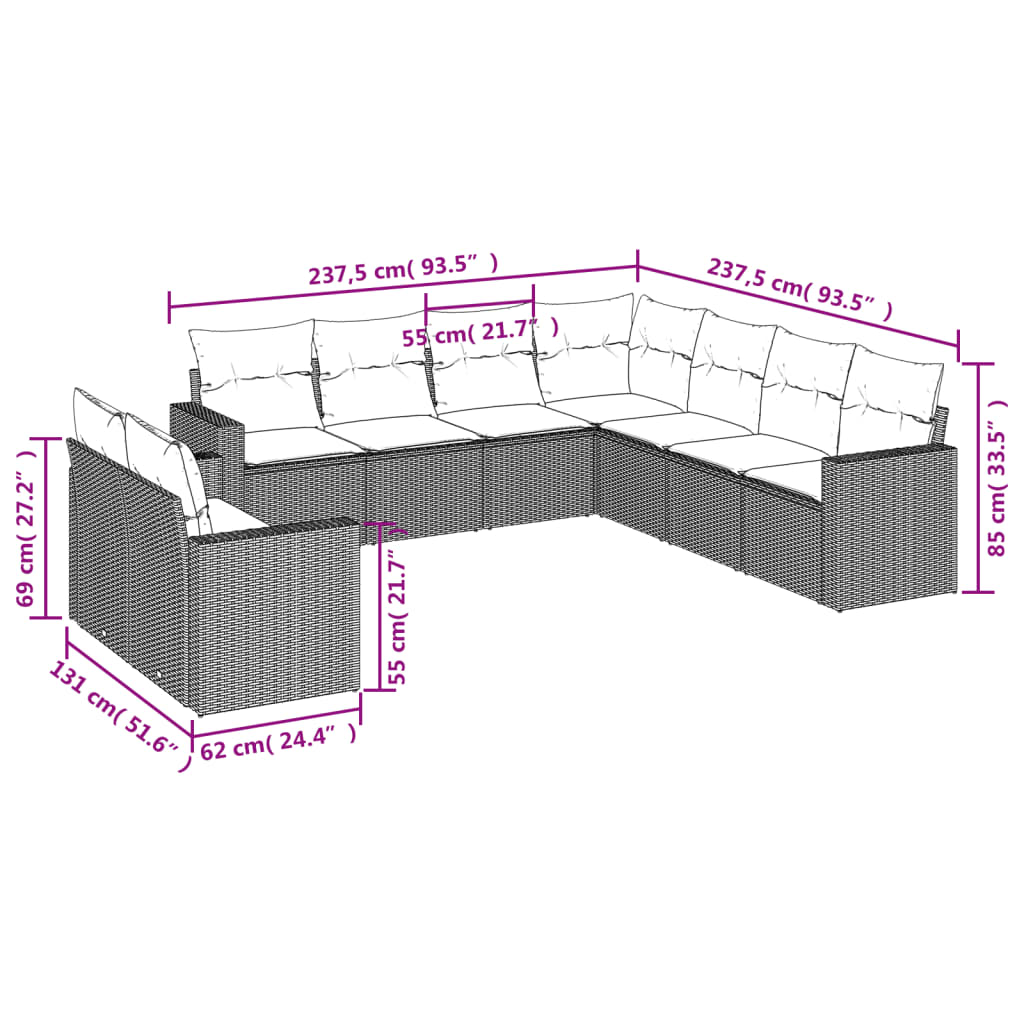 Set Divani da Giardino 9 pz con Cuscini Nero in Polyrattan