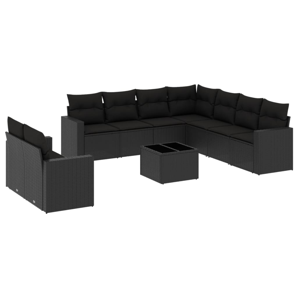 Set Divani da Giardino 10pz con Cuscini in Polyrattan Nero