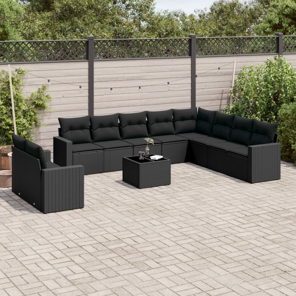 Set Divani da Giardino 11 pz con Cuscini in Polyrattan Nero