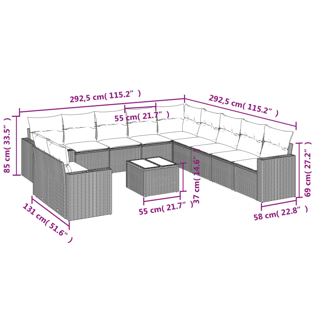 Set Divani da Giardino 12 pz con Cuscini Nero in Polyrattan