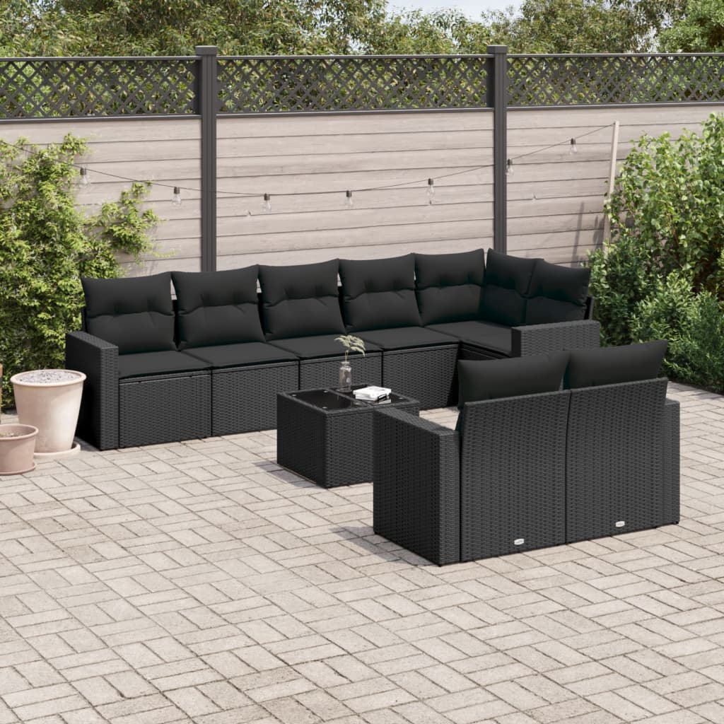 Set Divani da Giardino 9 pz con Cuscini Nero in Polyrattan