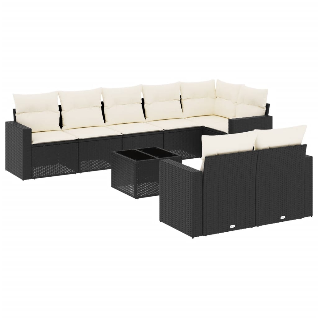 Set Divani da Giardino 9 pz con Cuscini Nero in Polyrattan