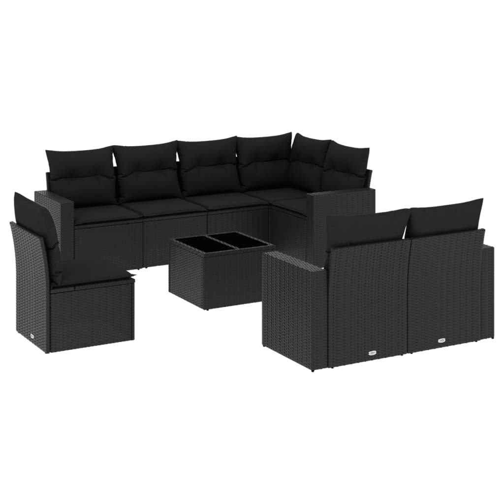 Set Divani da Giardino 9 pz con Cuscini Nero in Polyrattan