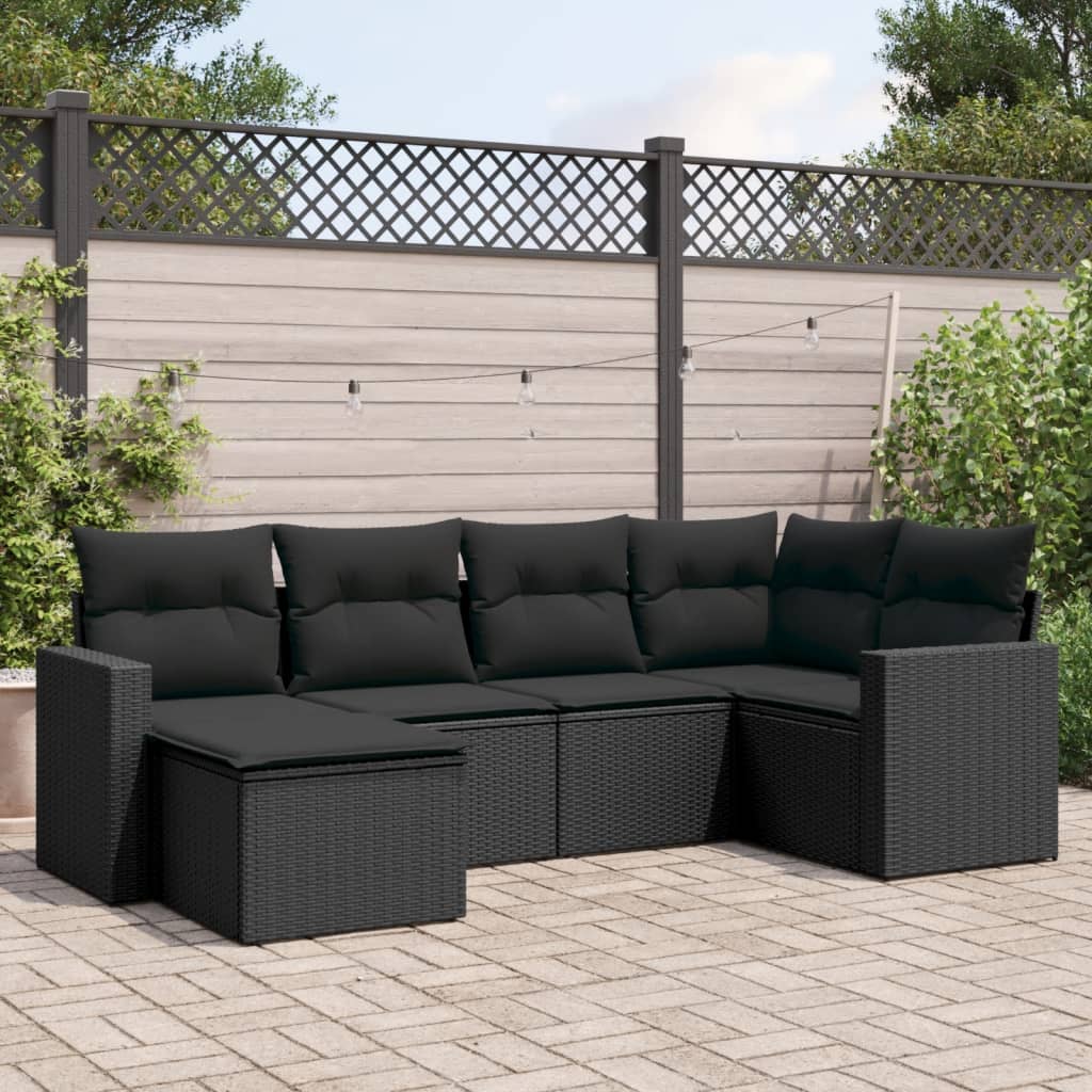 Set Divano da Giardino 6 pz con Cuscini Nero in Polyrattan