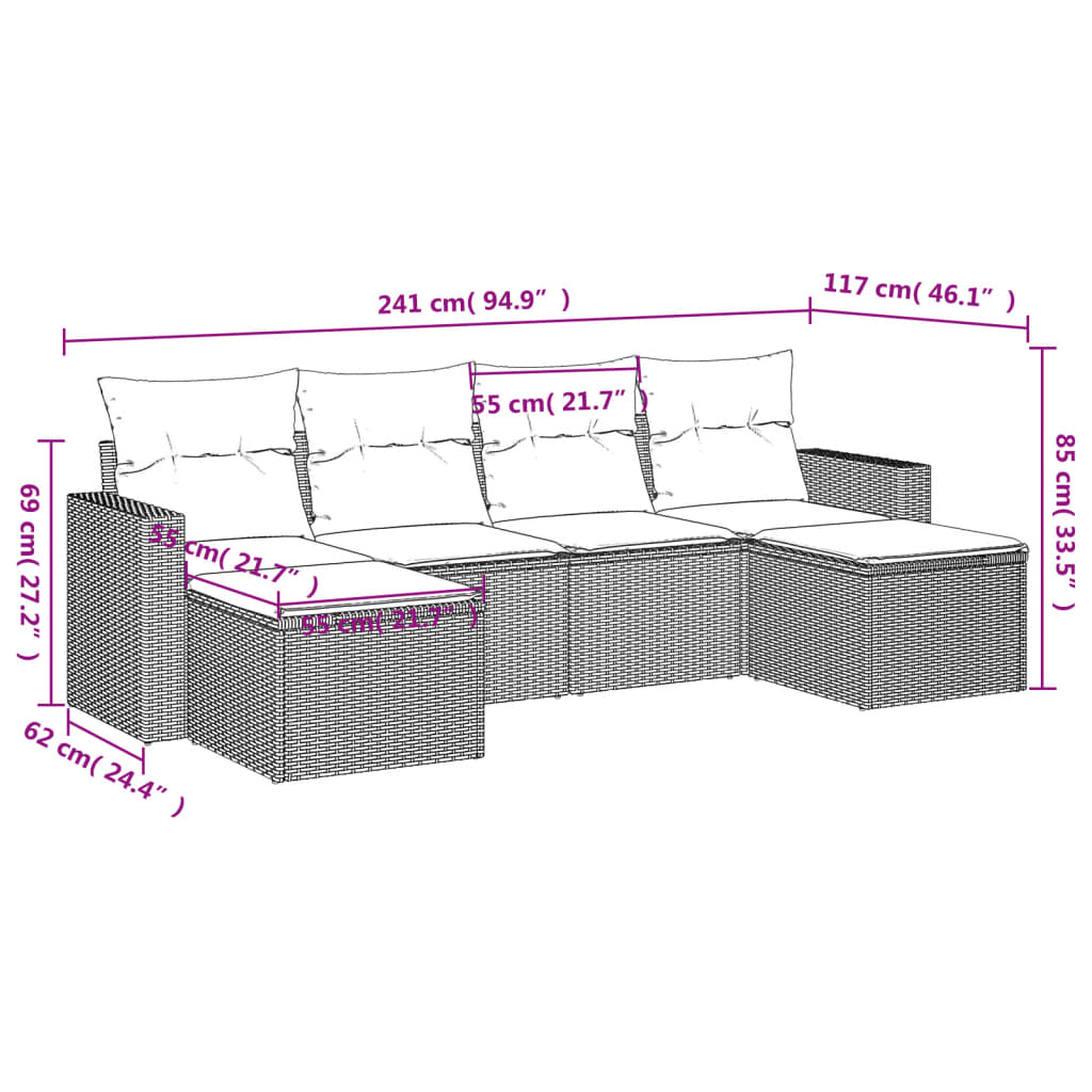 Set Divano da Giardino 6 pz con Cuscini Nero in Polyrattan