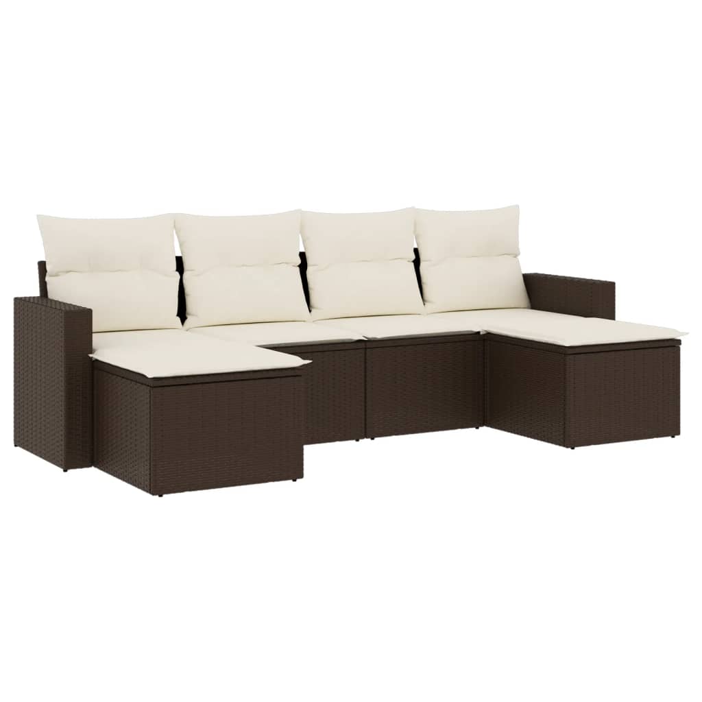 Set Divano da Giardino 6 pz con Cuscini Marrone in Polyrattan