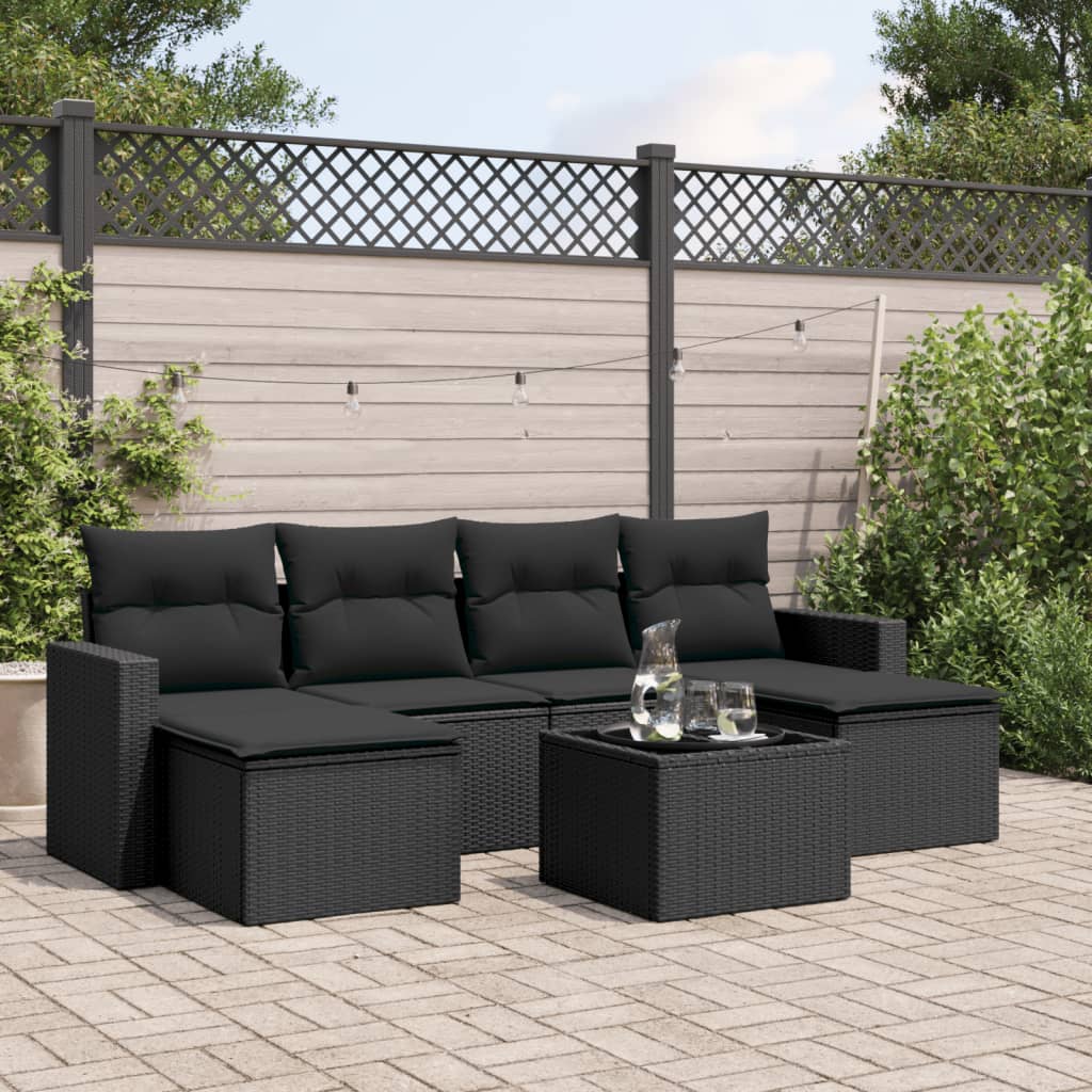 Set Divani da Giardino con Cuscini 7pz Nero Polyrattan