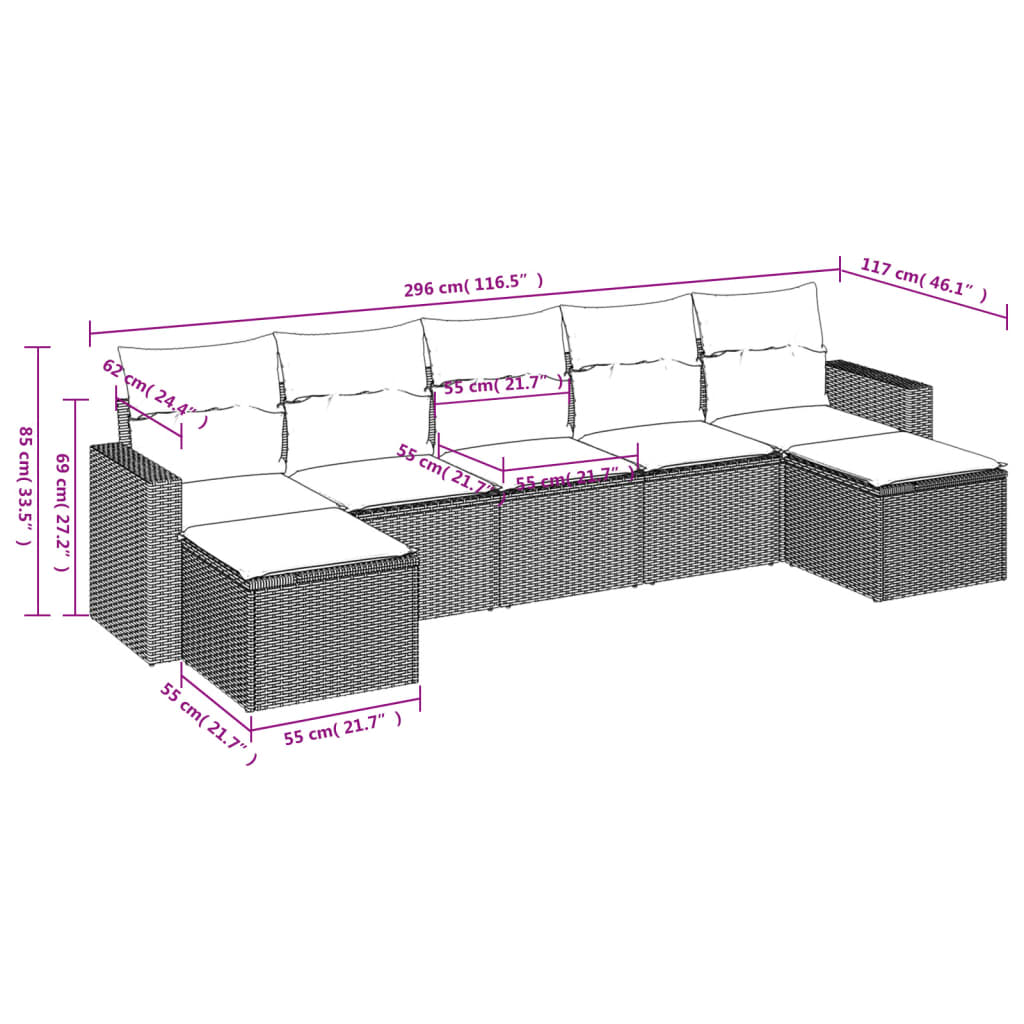 Set Divani da Giardino con Cuscini 7pz Nero Polyrattan