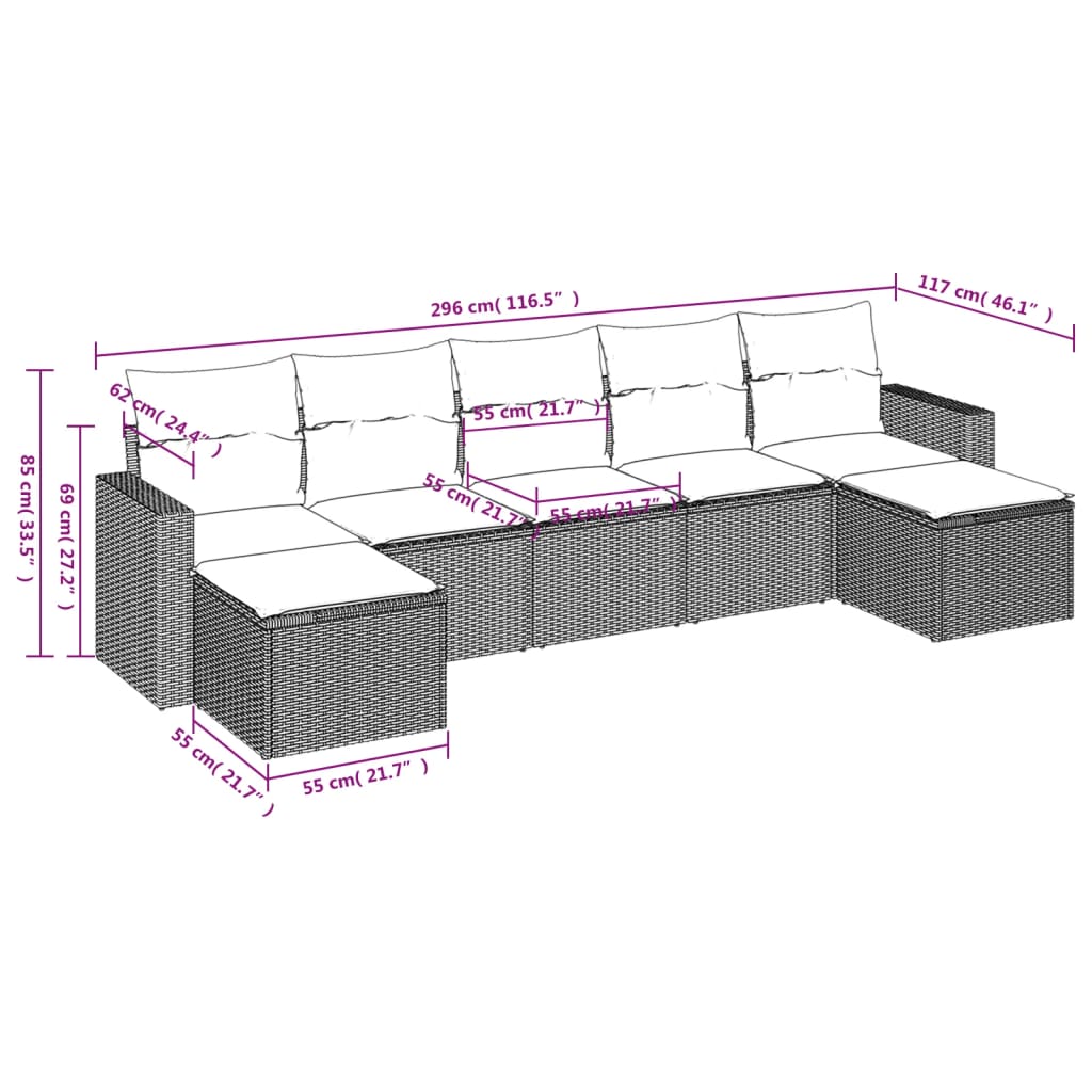 Set Divani da Giardino 7 pz con Cuscini Marrone in Polyrattan