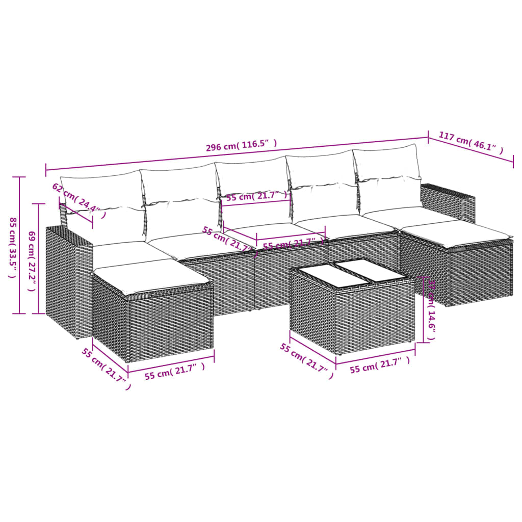 Set Divani da Giardino con Cuscini 8 pz Nero in Polyrattan